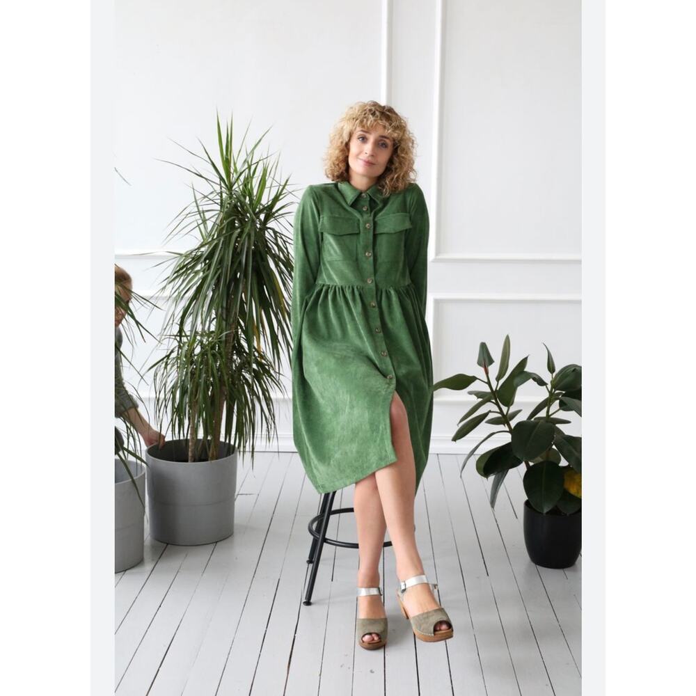 OFFON Alder Needlecord Long Sleeve Shirt Dress Midi Medium